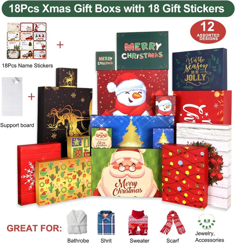 Giiffu 18 Christmas Cardboard Gift Boxes with Lids, 12 Designs and 4 Sizes with Gift Stickers, Assorted Size Xmas Decorative Gift Boxes for Wrapping Robes, Sweater, Shirt, Clothes, Holiday Present - Image 2